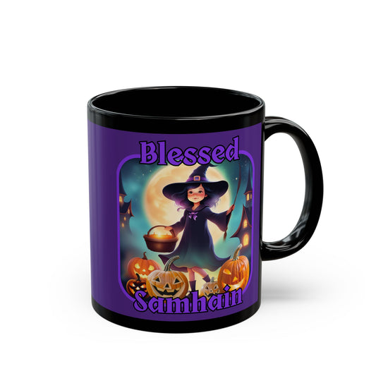 Blessed Samhain Little Witch Purple font Purple Mug by CreepyCrafts.boo