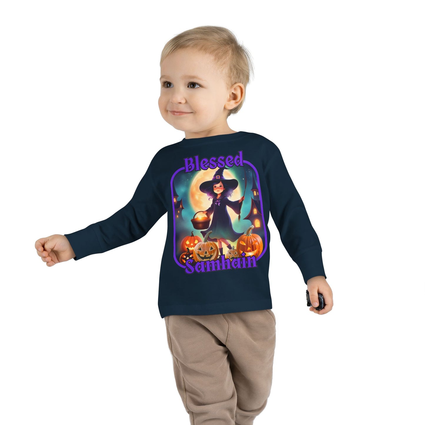 Blessed Samhain Little Witch Purple font Toddler Long Sleeve Tee by CreepyCrafts.boo