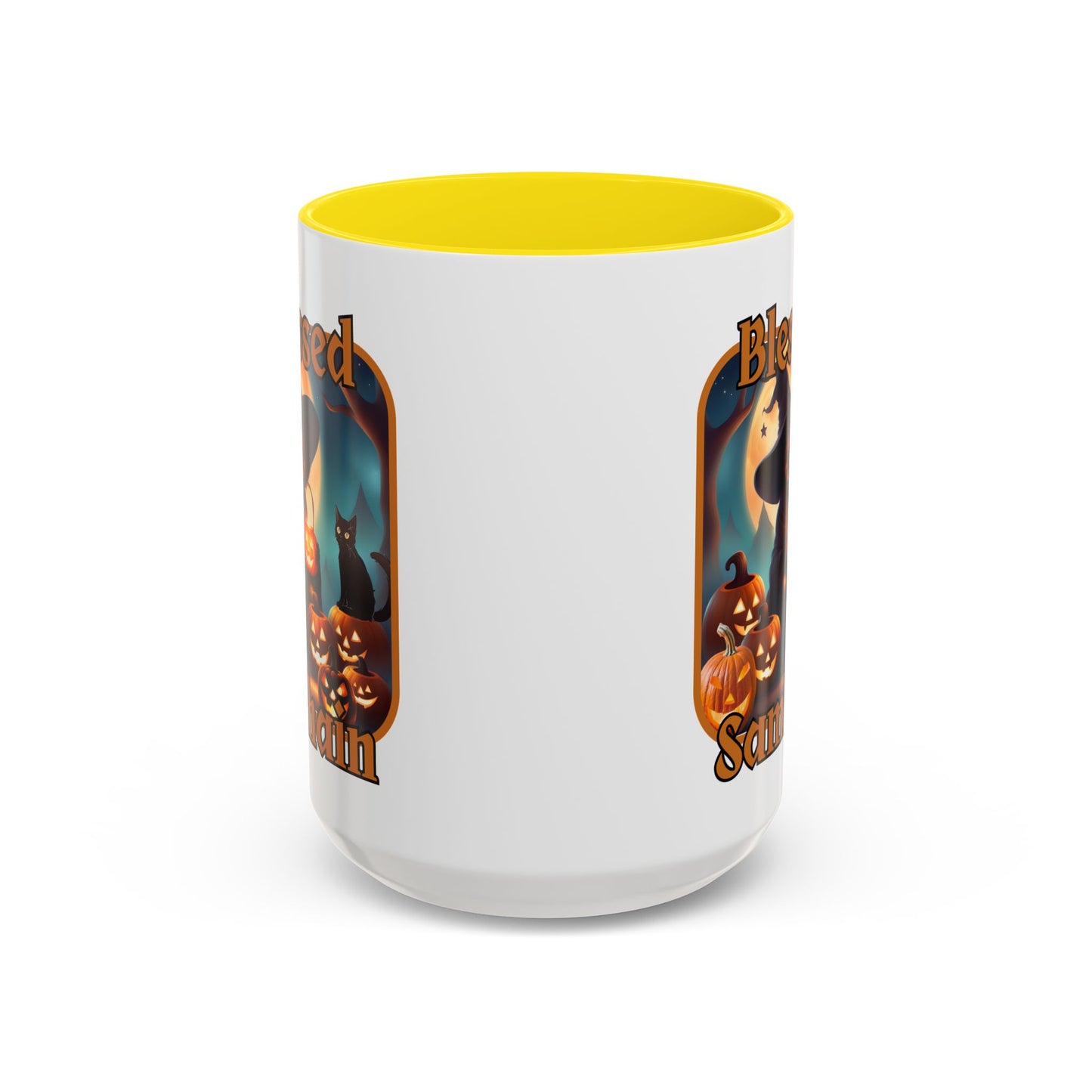 Blessed Samhain Cute Witch Orange font White Accent Mug by CreepyCrafts.boo