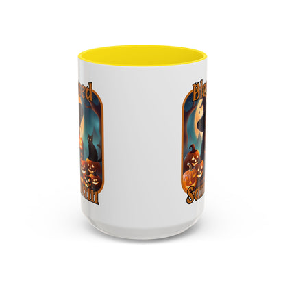 Blessed Samhain Cute Witch Orange font White Accent Mug by CreepyCrafts.boo