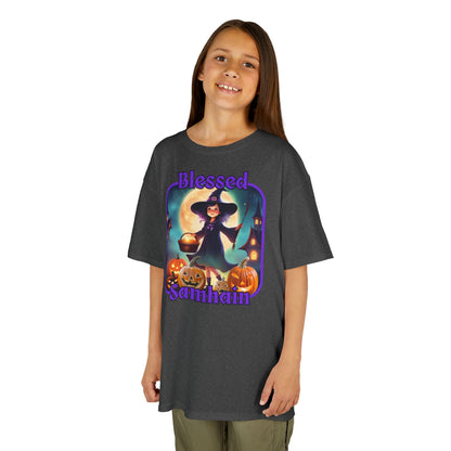 Blessed Samhain Little Witch Purple font Kids Heavy Cotton™ Tee by CreepyCrafts.boo