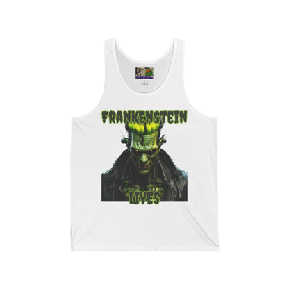 Frankenstein Lives Unisex Jersey Tank Top by CreepyCrafts.boo