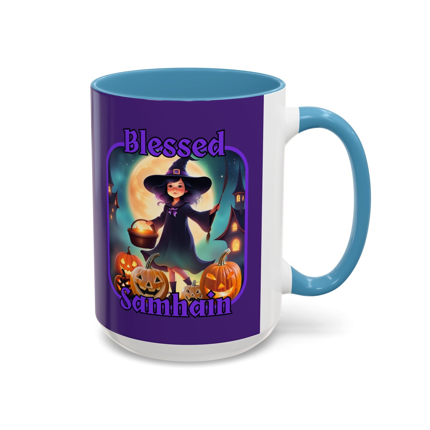 Blessed Samhain Little Witch Purple font Purple Accent Mug by CreepyCrafts.boo