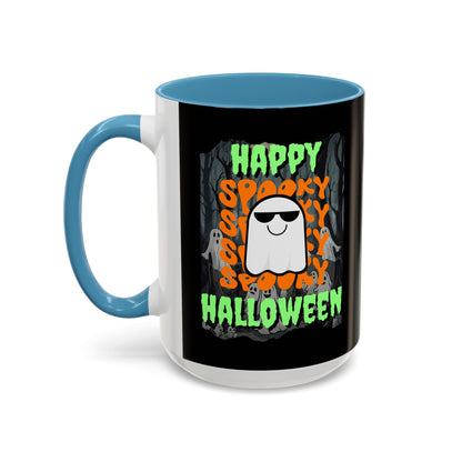 Spooky Happy Halloween Ghost Green font Black Accent Mug by CreepyCrafts.boo