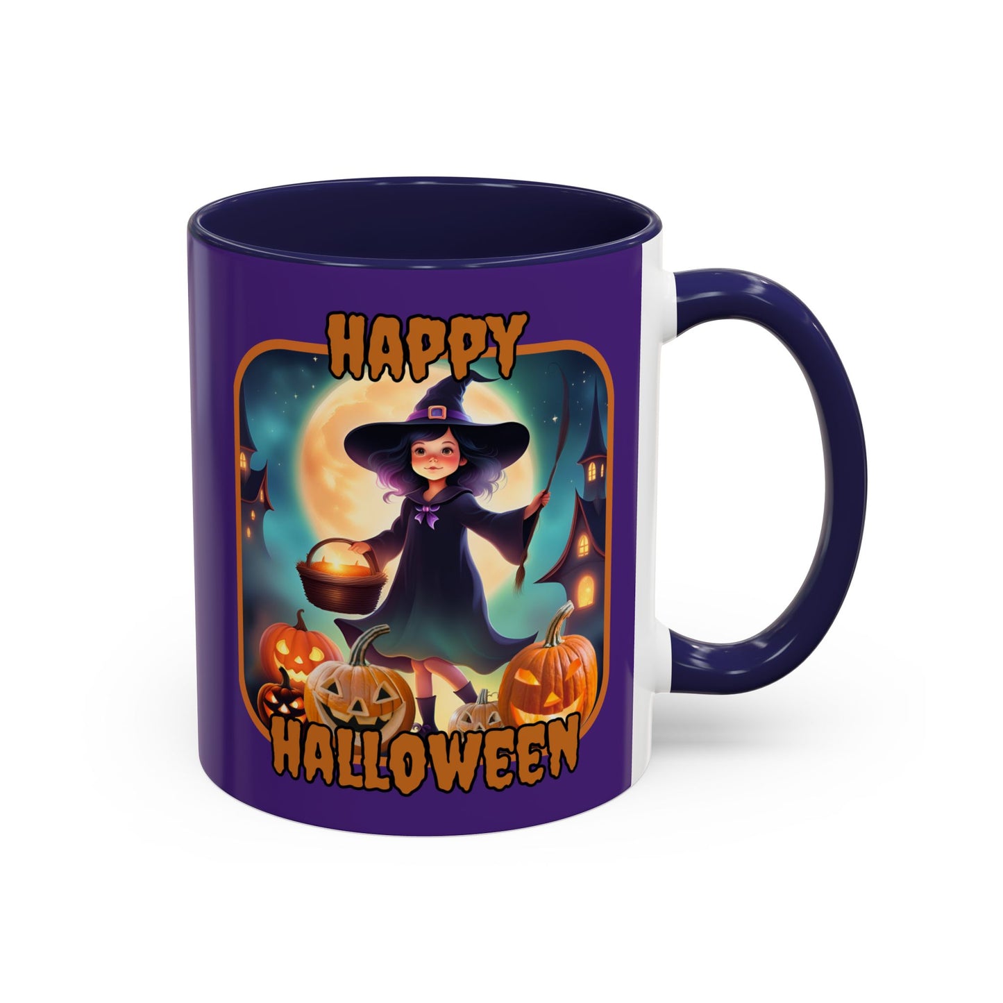 Happy Halloween Little Witch Orange font Purple Accent Mug by CreepyCrafts.boo