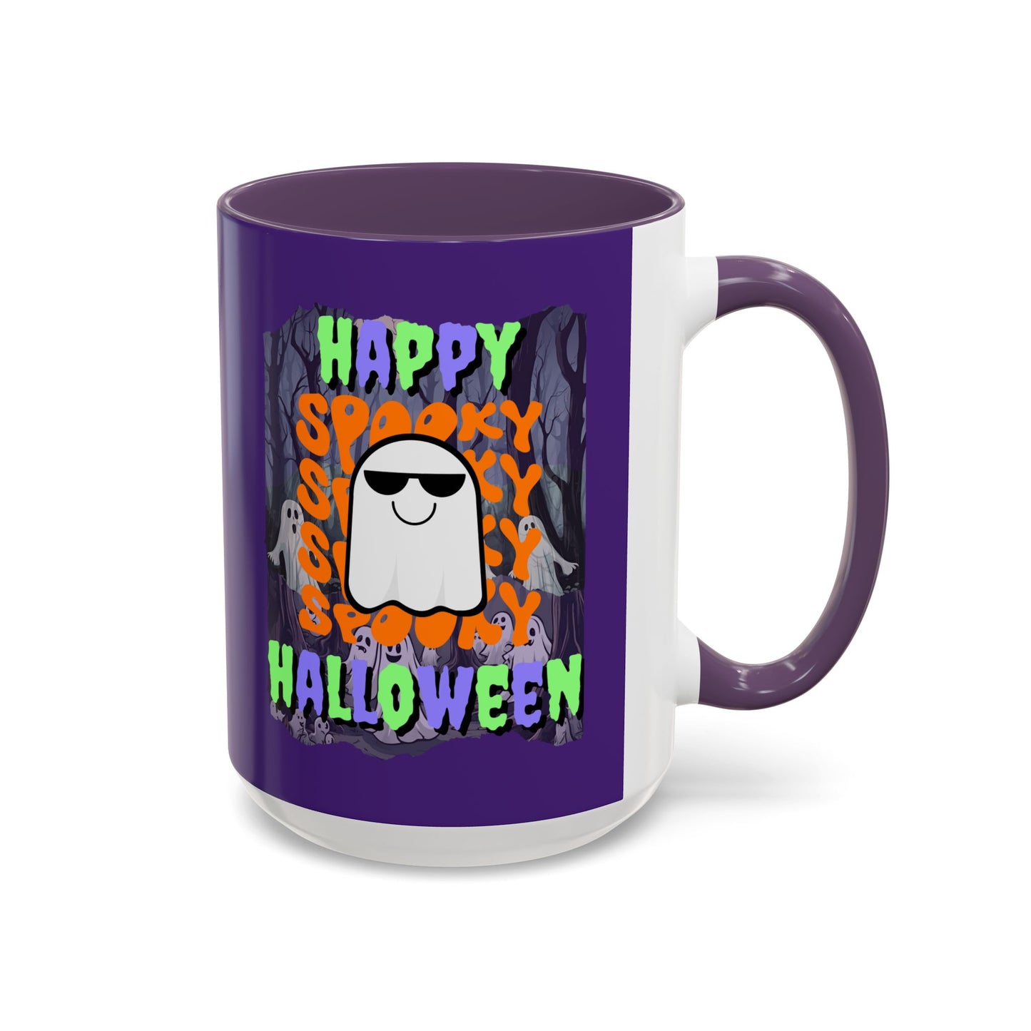 Spooky Happy Halloween Ghost Mixed font Purple Accent Mug by CreepyCrafts.boo