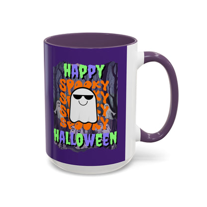 Spooky Happy Halloween Ghost Mixed font Purple Accent Mug by CreepyCrafts.boo