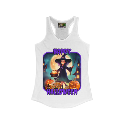 Happy Halloween Little Witch Purple font Women's Racerback Tank Top by CreepyCrafts.boo