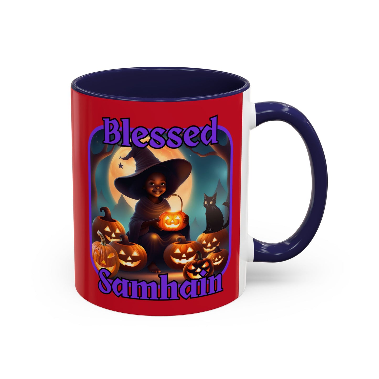 Blessed Samhain Cute Witch Purple font Red Accent Mug by CreepyCrafts.boo