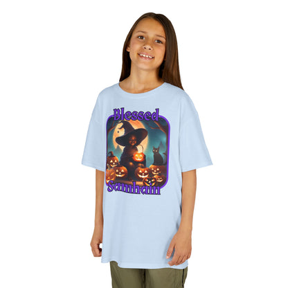 Blessed Samhain Cute Witch Purple font Kids Heavy Cotton™ Tee by CreepyCrafts.boo