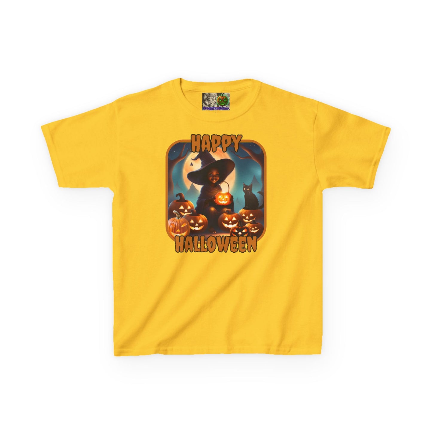 Happy Halloween Cute Witch Orange font Kids Heavy Cotton™ Tee by CreepyCrafts.boo