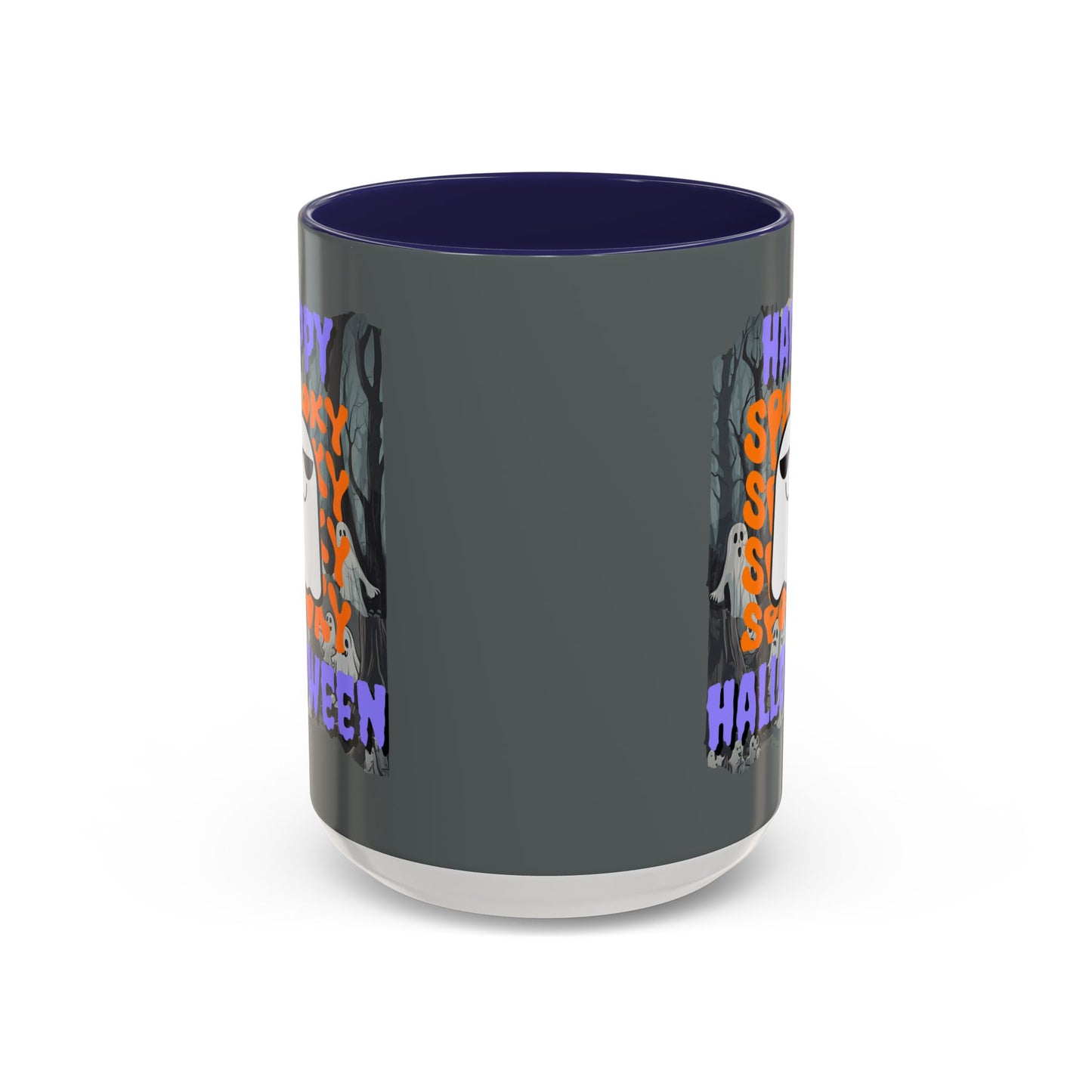 Spooky Happy Halloween Ghost Purple font Grey Accent Mug by CreepyCrafts.boo