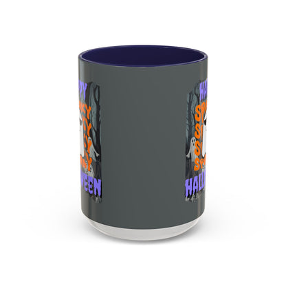 Spooky Happy Halloween Ghost Purple font Grey Accent Mug by CreepyCrafts.boo