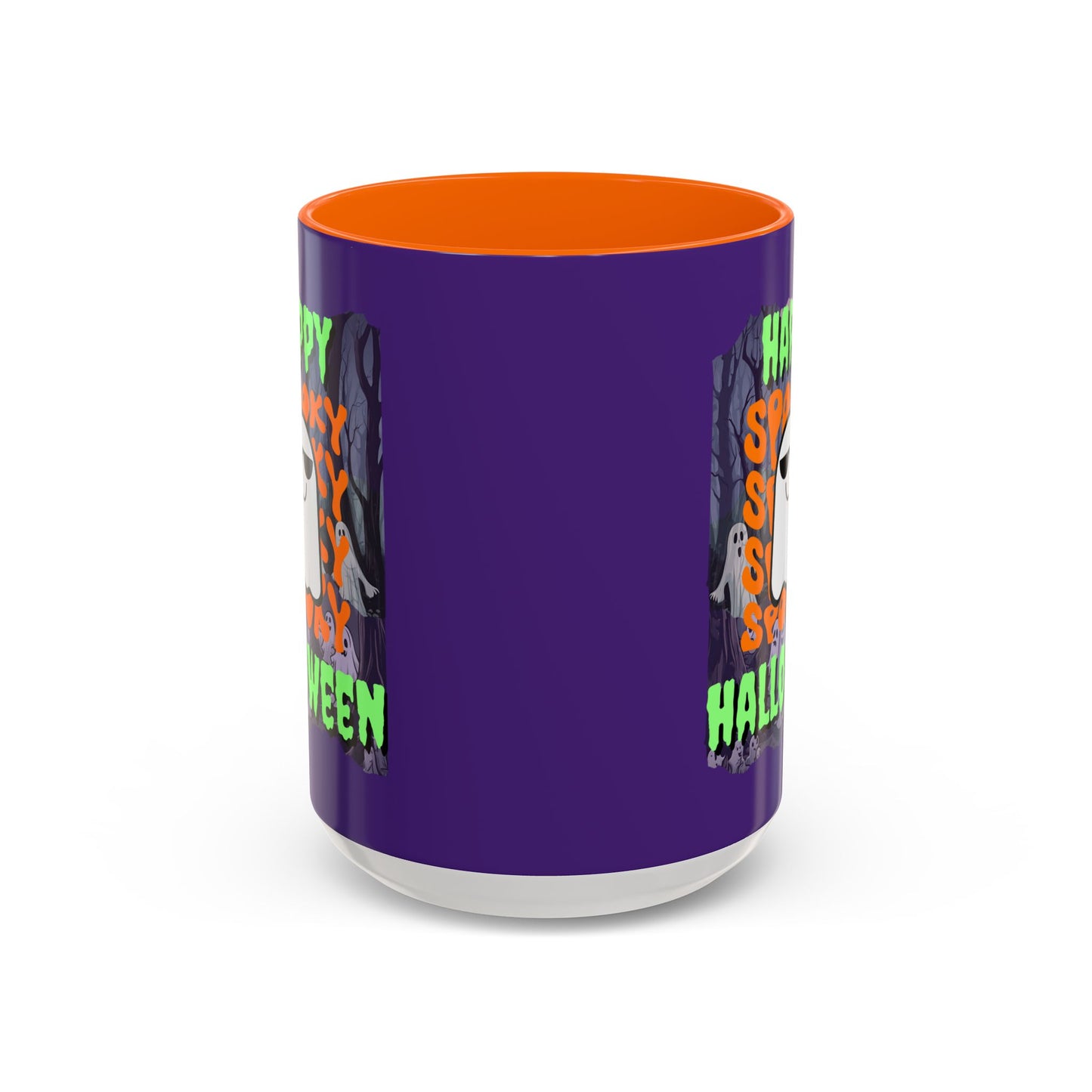 Spooky Happy Halloween Ghost Green font Purple Accent Mug by CreepyCrafts.boo