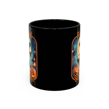 Blessed Samhain Little Witch Orange font Black Accent Mug by CreepyCrafts.boo