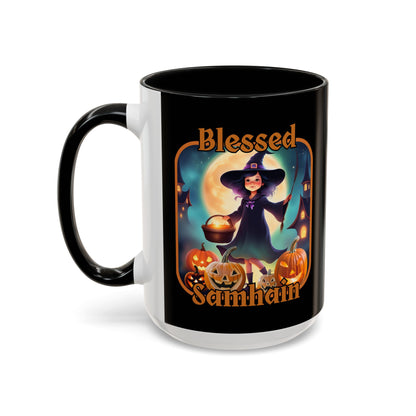 Blessed Samhain Little Witch Orange font Black Accent Mug by CreepyCrafts.boo