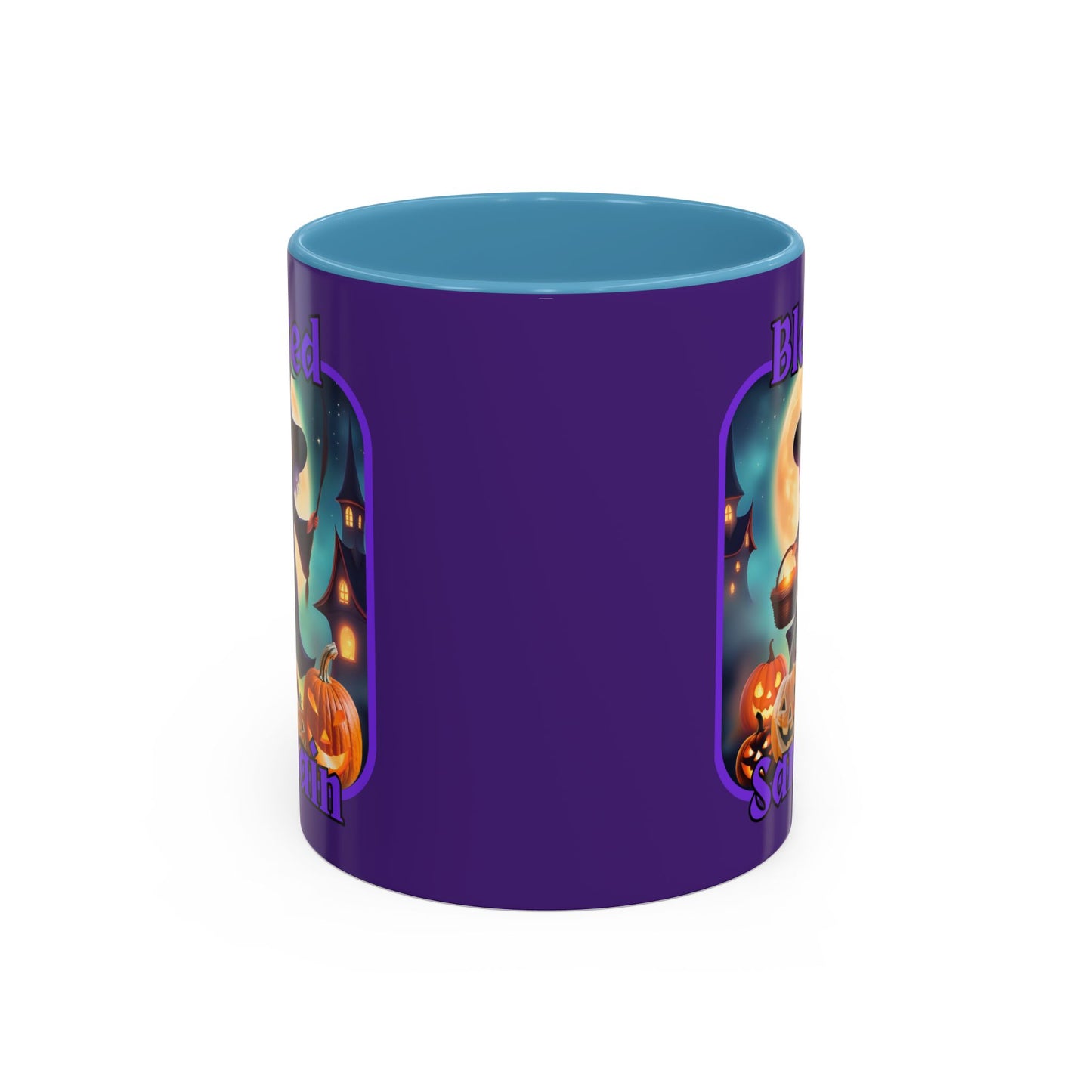 Blessed Samhain Little Witch Purple font Purple Accent Mug by CreepyCrafts.boo