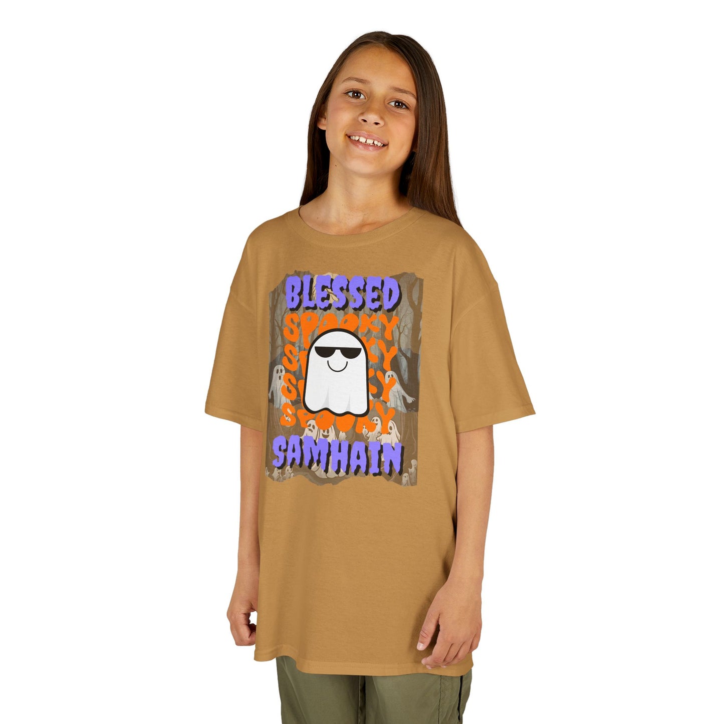 Spooky Blessed Samhain Ghost Purple font Kids Heavy Cotton™ Tee by CreepyCrafts.boo