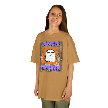 Spooky Blessed Samhain Ghost Purple font Kids Heavy Cotton™ Tee by CreepyCrafts.boo