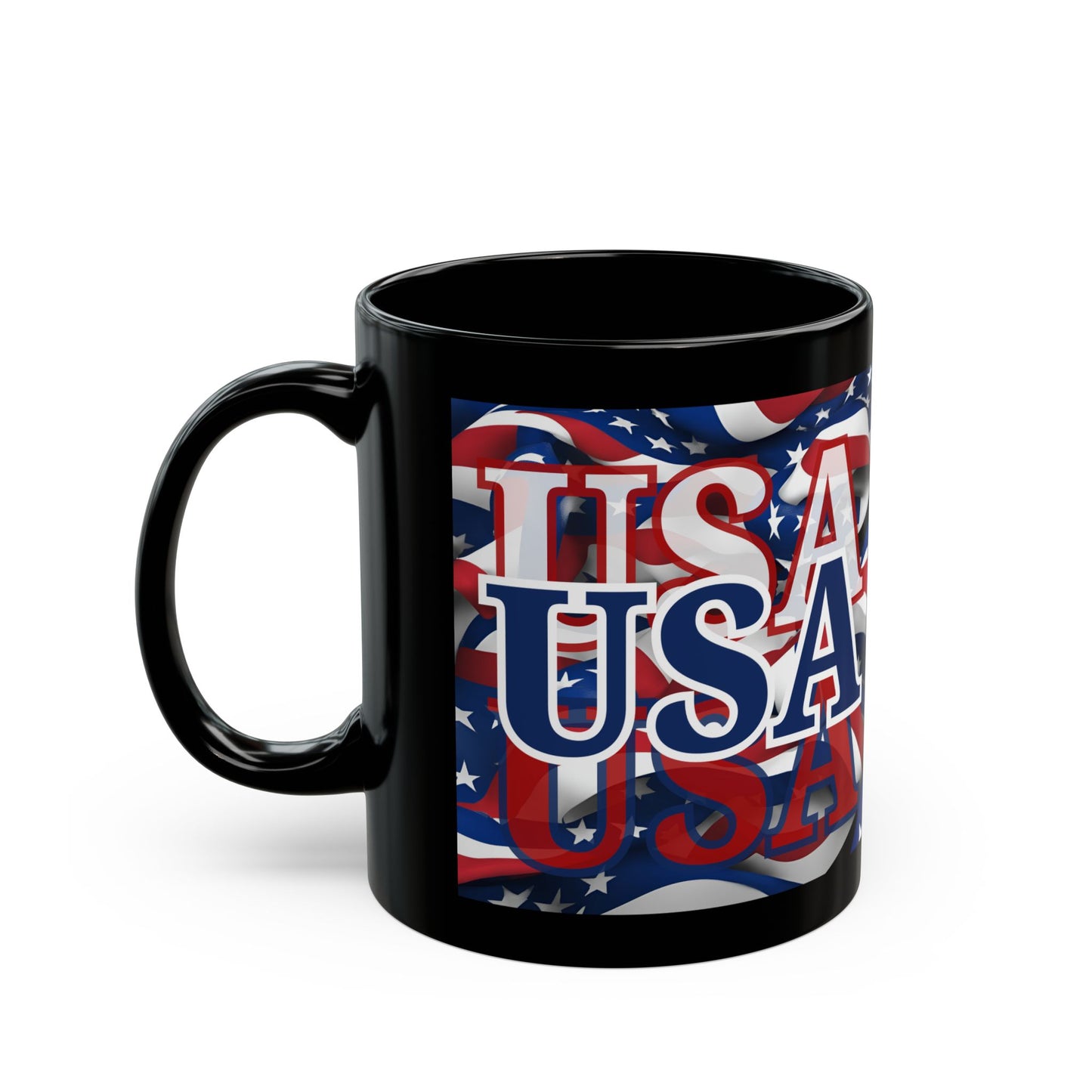 USA Blue font Center Patriot Black Mug by cypherpunkgear.com