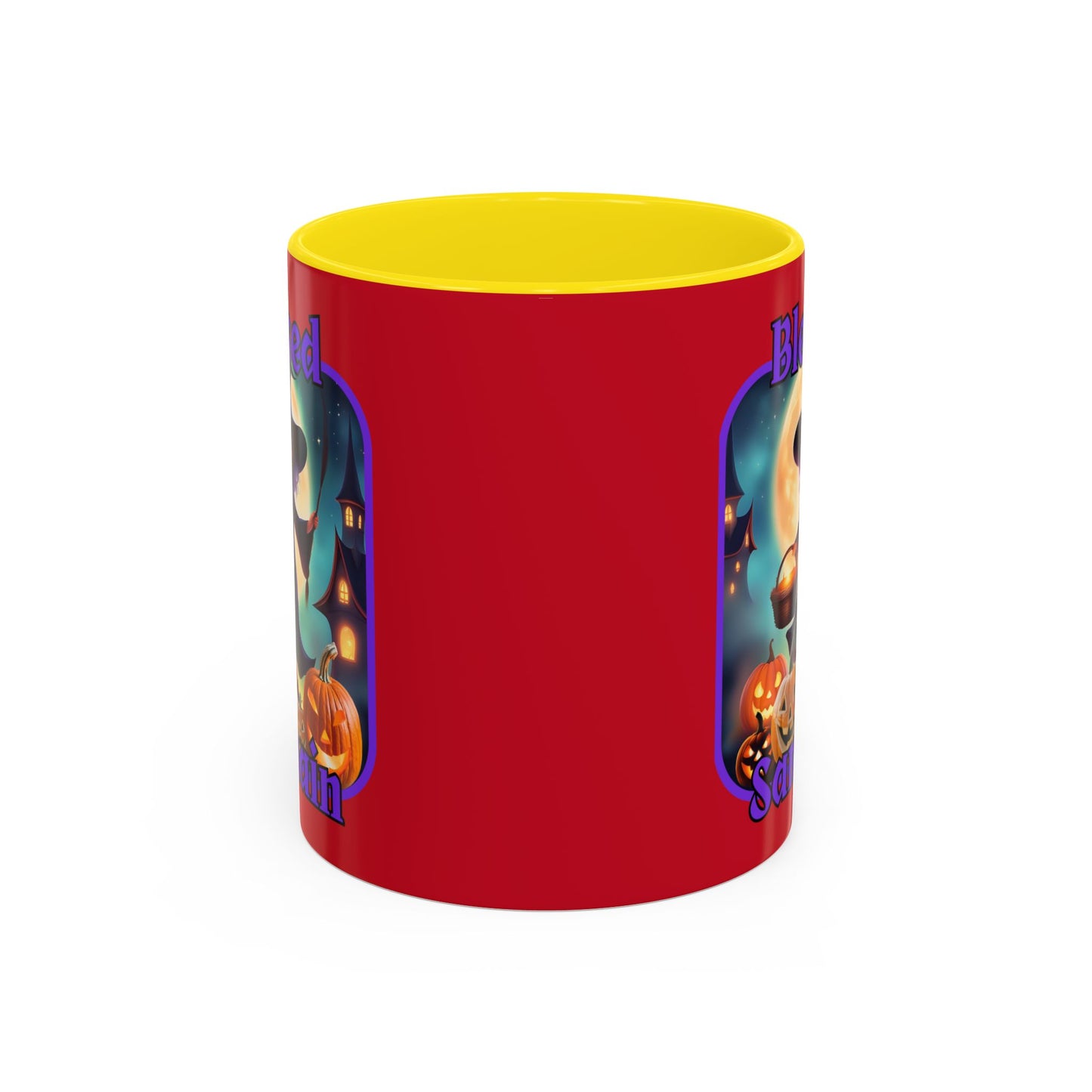 Blessed Samhain Little Witch Purple font Red Accent Mug by CreepyCrafts.boo
