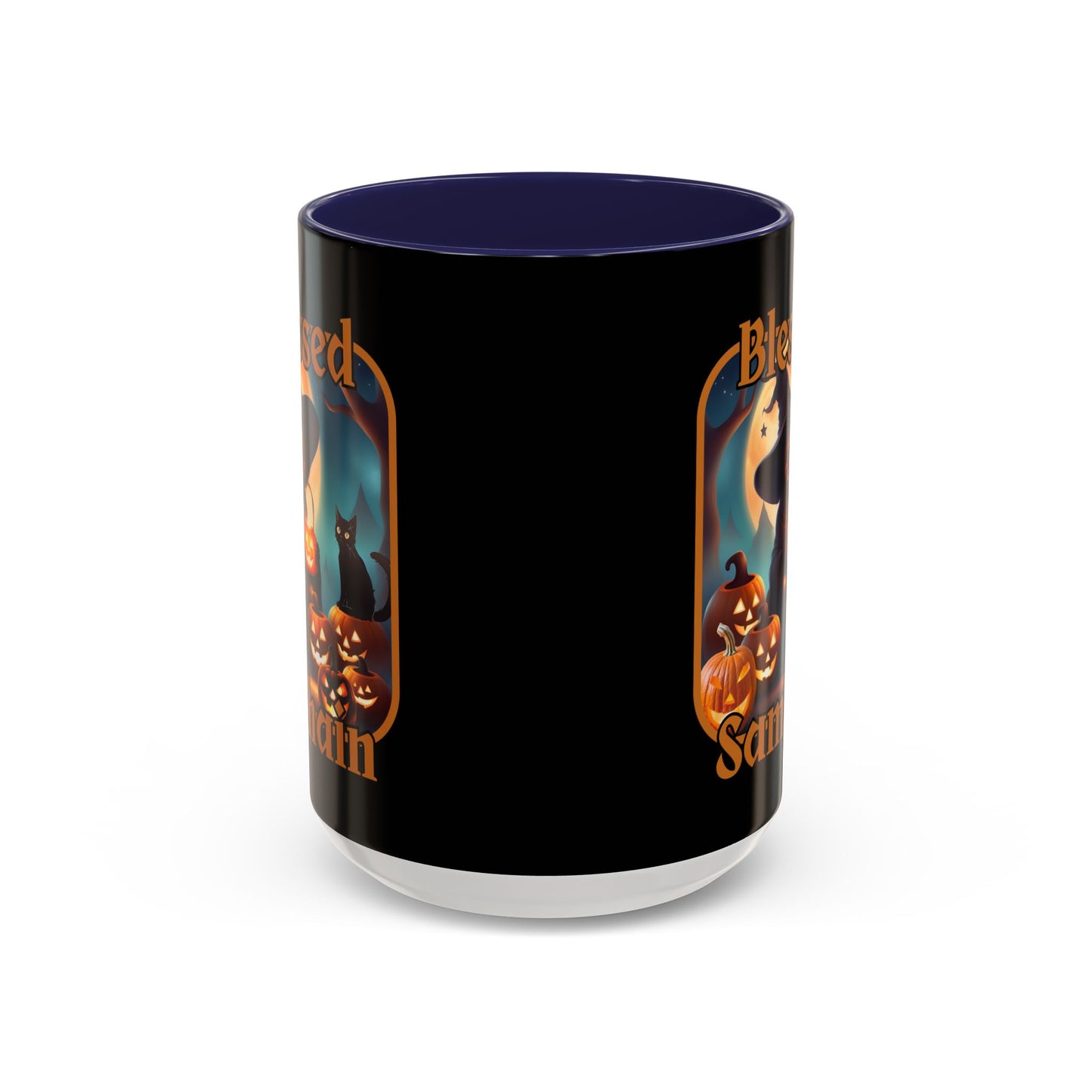 Blessed Samhain Cute Witch Orange font Black Accent Mug by CreepyCrafts.boo