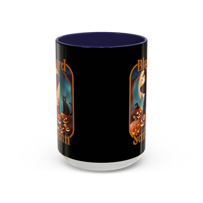 Blessed Samhain Cute Witch Orange font Black Accent Mug by CreepyCrafts.boo