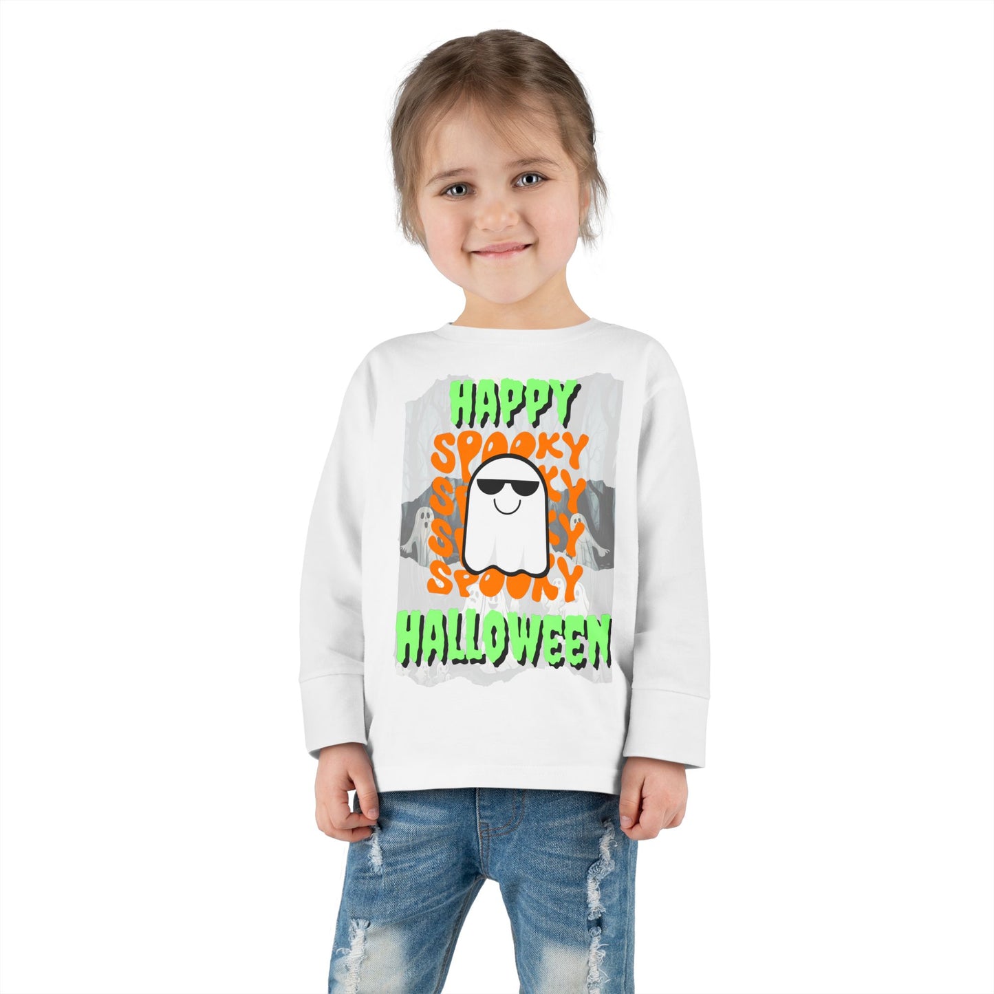 Spooky Happy Halloween Ghost Green font Toddler Long Sleeve Tee by CreepyCrafts.boo