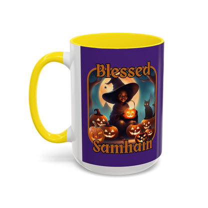 Blessed Samhain Cute Witch Orange font Purple Accent Mug by CreepyCrafts.boo