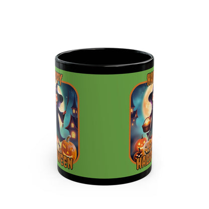 Happy Halloween Little Witch Orange font Green Mug by CreepyCrafts.boo