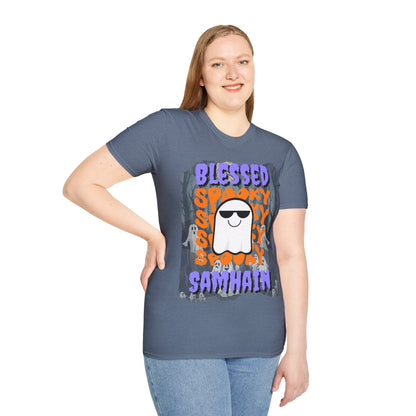 Spooky Blessed Samhain Ghost Purple font Unisex T-Shirt by CreepyCrafts.boo
