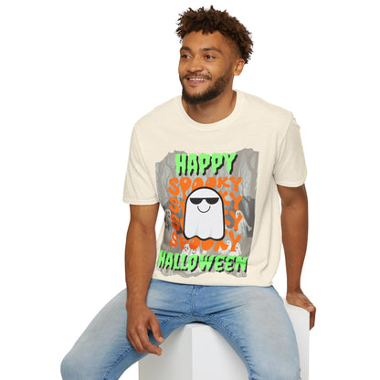 Spooky Happy Halloween Ghost Light colors Green font Unisex T-Shirt by CreepyCrafts.boo