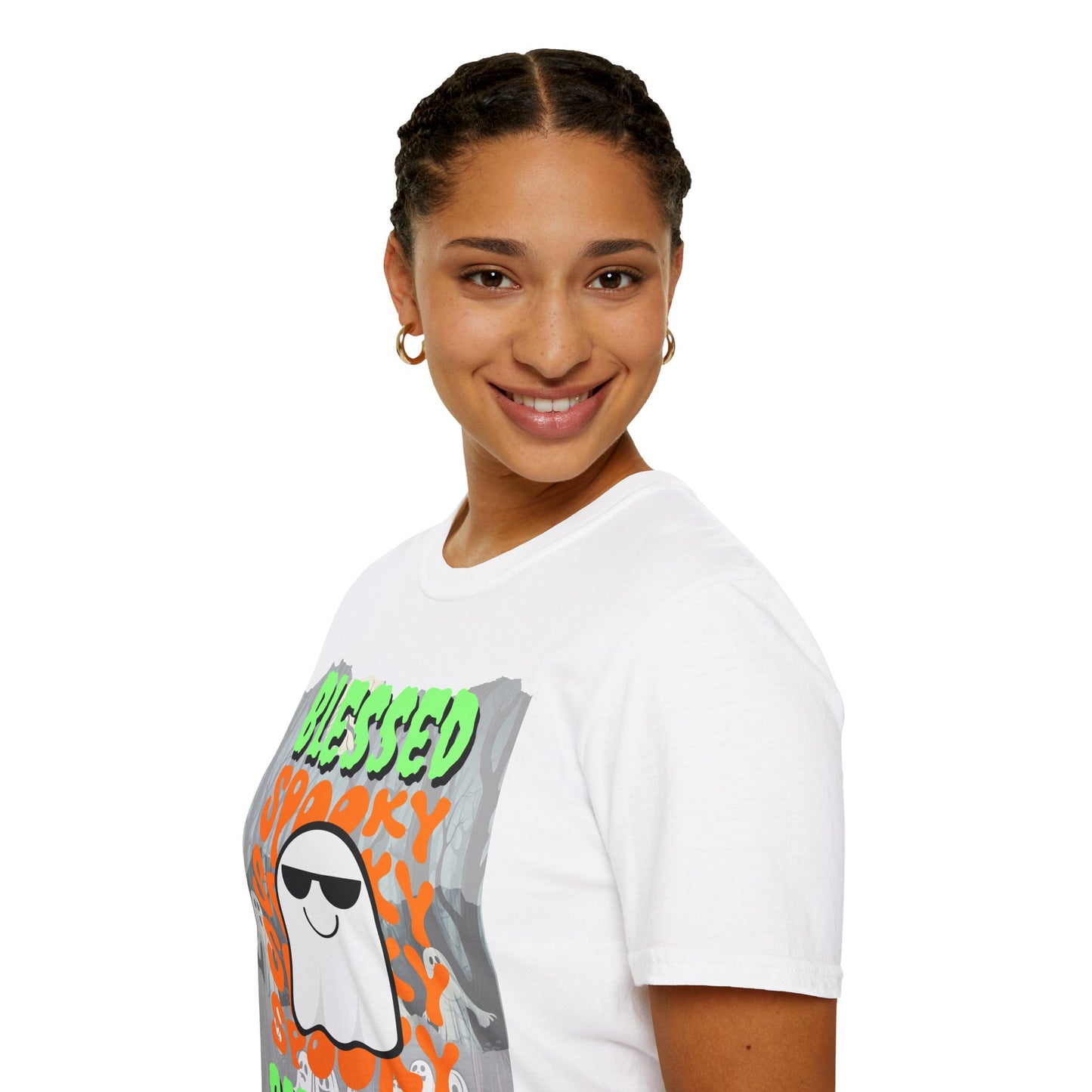 Spooky Blessed Samhain Ghost Green font Unisex T-Shirt by CreepyCrafts.boo