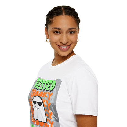 Spooky Blessed Samhain Ghost Green font Unisex T-Shirt by CreepyCrafts.boo