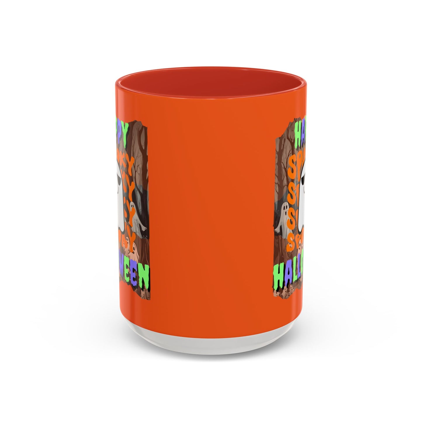Spooky Happy Halloween Ghost Mixed font Orange Accent Mug by CreepyCrafts.boo