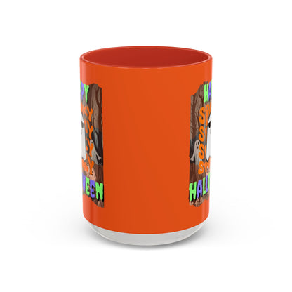 Spooky Happy Halloween Ghost Mixed font Orange Accent Mug by CreepyCrafts.boo