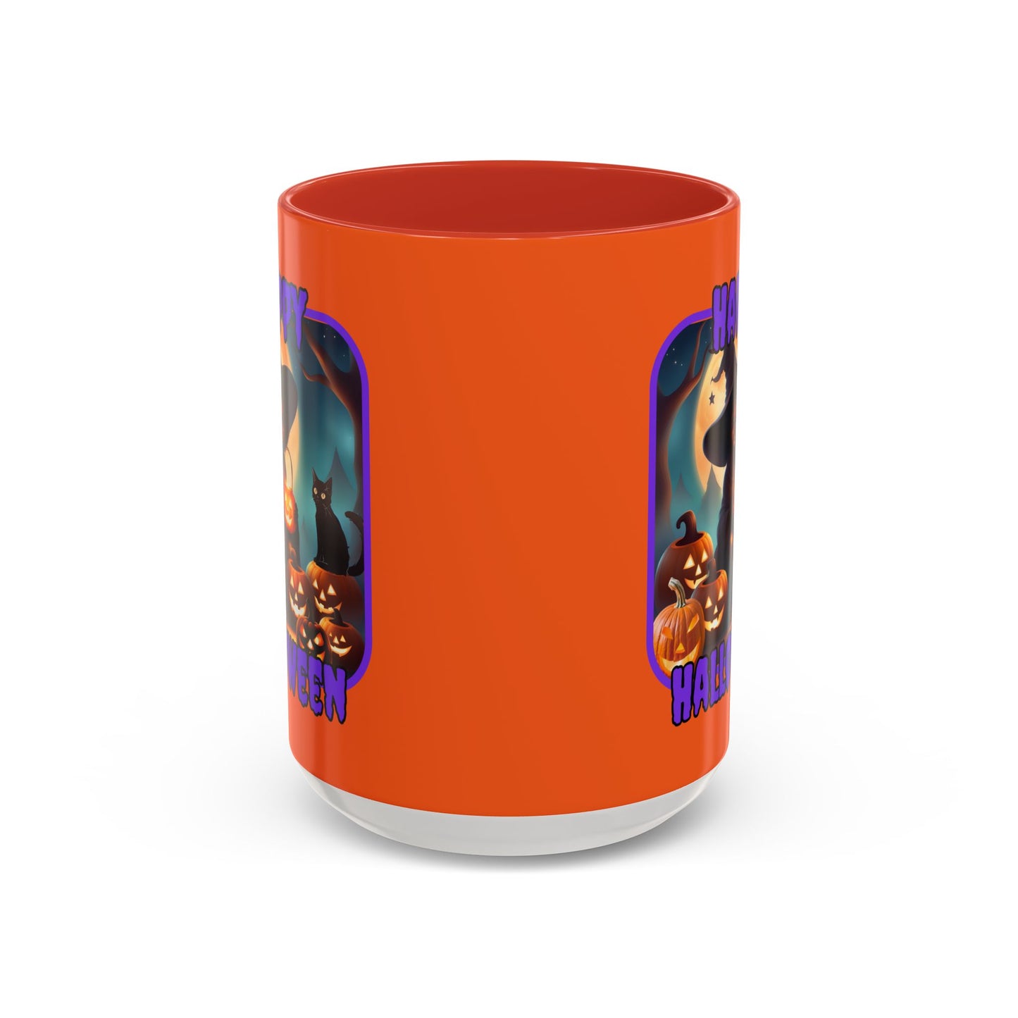 Happy Halloween Cute Witch Purple font Orange Accent Mug by CreepyCrafts.boo