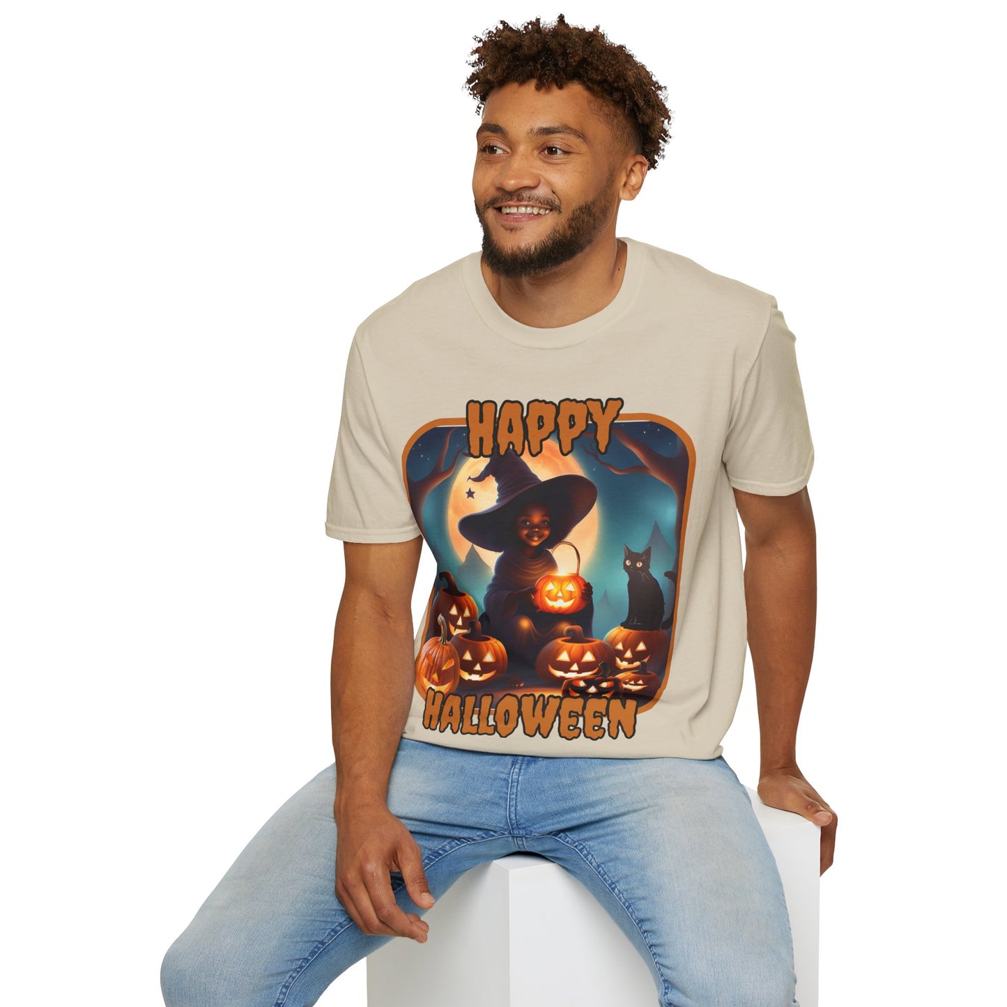 Happy Halloween Cute Witch Orange font, Light colors, Unisex T-Shirt by CreepyCrafts.boo