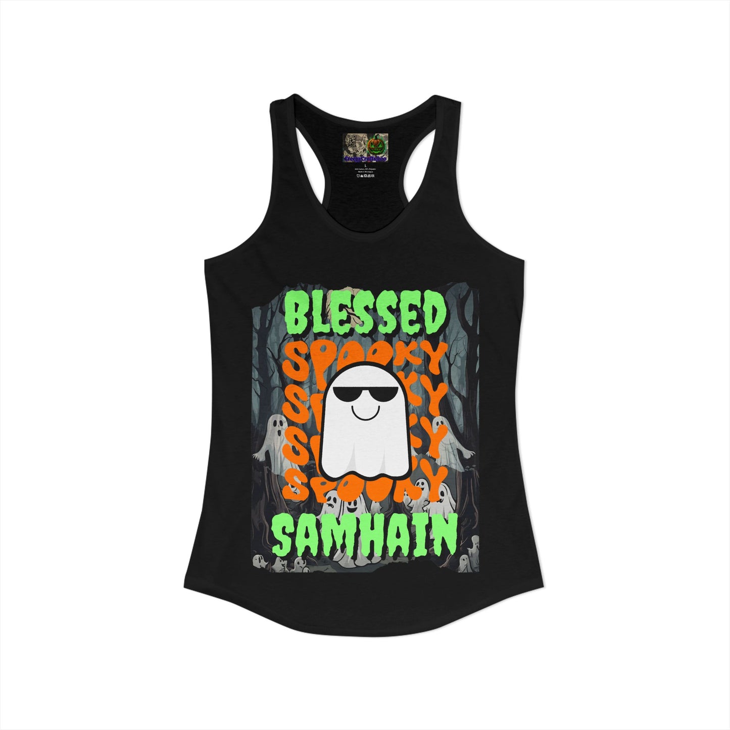 Spooky Blessed Samhain Ghost Green font Women's Racerback Tank Top by CreepyCrafts.boo