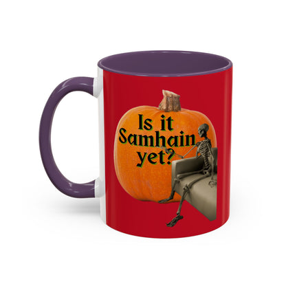 Is It Samhain Yet? Skeleton's Giant Pumpkin Red Accent Mug by CreepyCrafts.boo