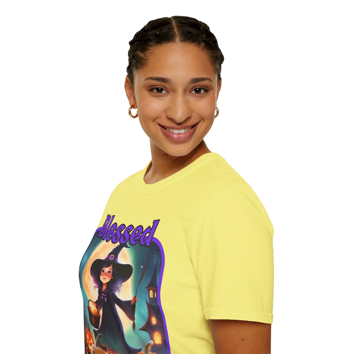 Blessed Samhain Little Witch Purple font Light colors Unisex T-Shirt by CreepyCrafts.boo