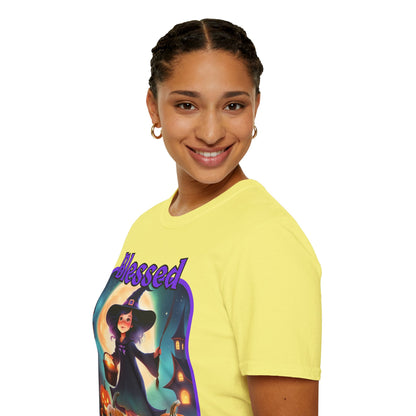 Blessed Samhain Little Witch Purple font Light colors Unisex T-Shirt by CreepyCrafts.boo