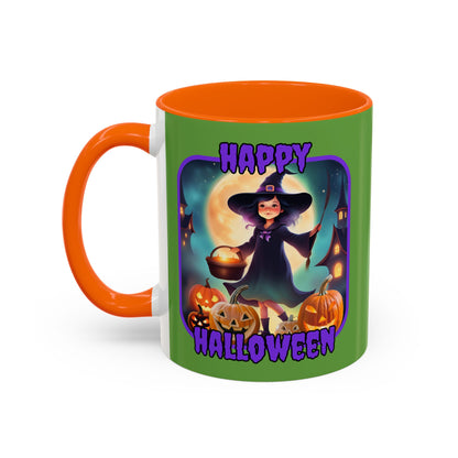 Happy Halloween Little Witch Purple font Green Accent Mug by CreepyCrafts.boo