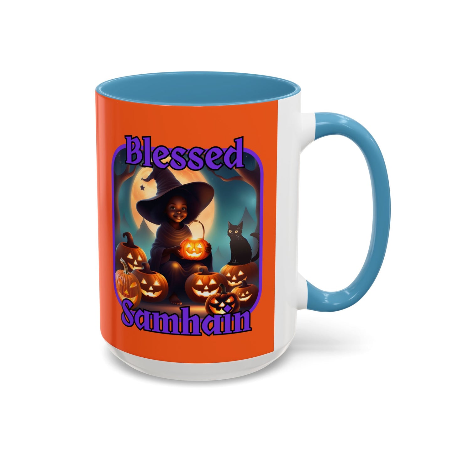 Blessed Samhain Cute Witch Purple font Orange Accent Mug by CreepyCrafts.boo
