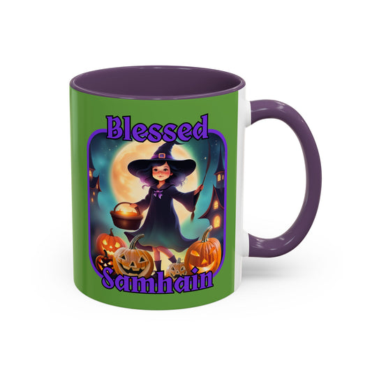 Blessed Samhain Little Witch Purple font Green Accent Mug by CreepyCrafts.boo