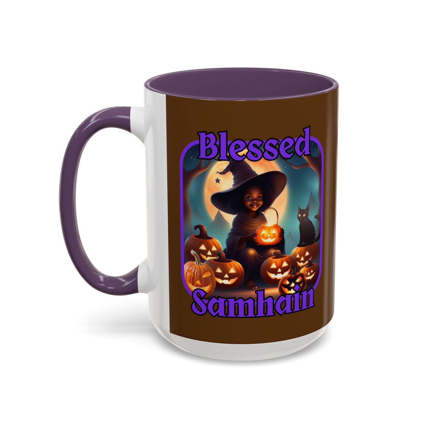 Blessed Samhain Cute Witch Purple font Brown Accent Mug by CreepyCrafts.boo