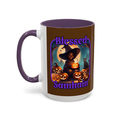 Blessed Samhain Cute Witch Purple font Brown Accent Mug by CreepyCrafts.boo