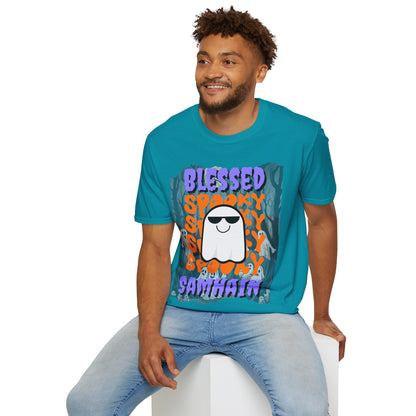 Spooky Blessed Samhain Ghost Purple font Unisex T-Shirt by CreepyCrafts.boo