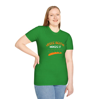 Uisce Beatha makes it better Orange, White, and Green font Dark colors Unisex T-Shirt by cypherpunkgear.com