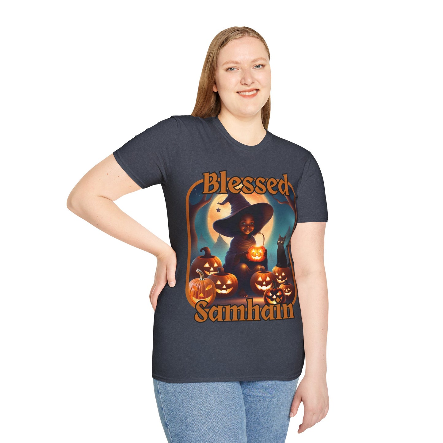 Blessed Samhain Cute Witch Orange font Dark colors Unisex T-Shirt by CreepyCrafts.boo